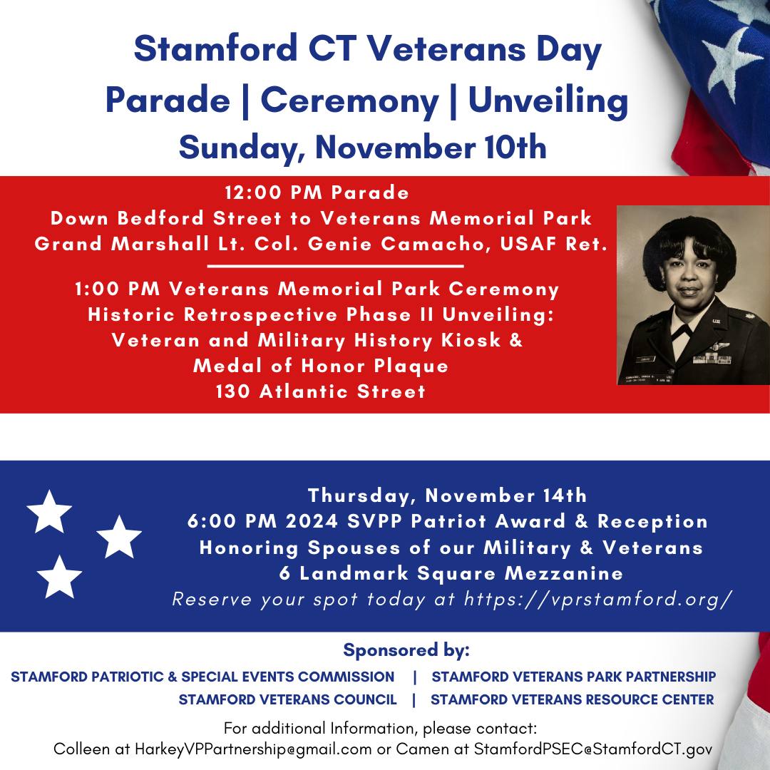 Veterans Day Parade and Ceremony Decorative flyer with photo of Genie Camacho this year's grand marshall in her US Air Force uniform